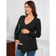 Women's Maternity Shirts Casual Long Sleeve Pregnancy Tops V Neck T-Shirts Blouses With Button