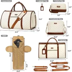 Coolife Garment Bag Travel Foldable Garment Duffel Carry On Weekender Bag Suit Bag Dress Bag Convertible for Hanging Clothes Overnight(White Brown)
