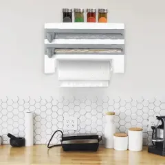 Racxily Kitchen Roll Dispenser Paper Roll Holder Plastic Wrap Film Foil Paper Organizer w/ Cutter Wall Mounted for Kitchen Bathroom