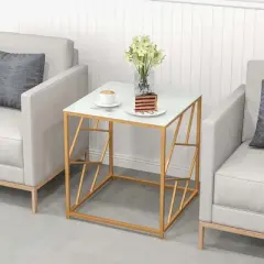 Costway 19.5'' Side Table Square Bedside Sofa Accent Coffee Table with Tempered Glass Top