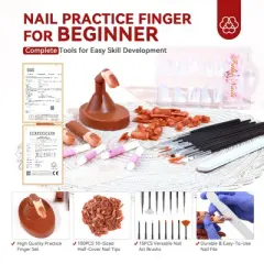 SAVILAND Pro Adjustable Nail Training Finger - Replaceable Tip Mannequin with 20+ Practice Tips & Essential Tools Kit.