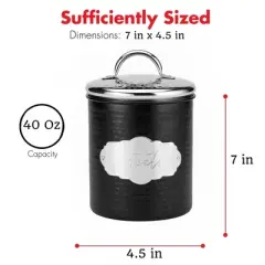 Amici Pet Cavalier Treats Canister, Black & Silver Hammered Metal Dog Treat Container with Handle Lid - 38 Oz. Airtight Pet Food Storage Jar