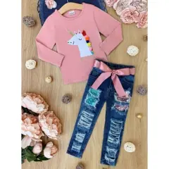 Girls Rainbow Unicorn Sequin Patched Jeans Set - Mia Belle Girls