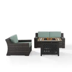 Beaufort 3 Pc Outdoor Wicker Conversation Set Loveseat and Chair with Fire Table - Mist/Brown - Crosley