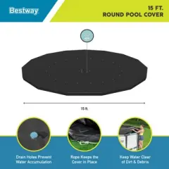 Bestway Round Pool Cover Accessory for 15 Foot Above Ground Framed Swimming Pools and Round Inflatable Ring Pools, Black (Cover Only)