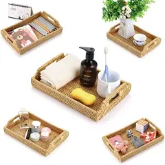 BRINJOY Handwoven Rattan Tray with Handles - 12.4x8.3 inch Rectangular Storage Basket for Breakfast, Snacks, Coffee Table Organization