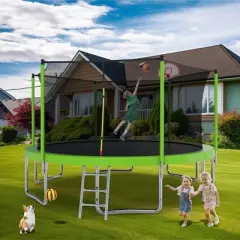 NAYSAYE Trampoline 14FT for Kids with Safety Net and Ladder for Outdoor Backyard Fun, Green, 168.11"*168.11"*107.87"