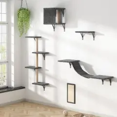 Sandinrayli Cat Wall Shelves - Wall-Mounted Set of 5, Floating Perches & Hanging Beds, Modern Furniture for Large Cats/Kitties (Grey)