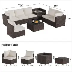 Garvee 8 Pieces Outdoor Patio Furniture Set with Storage, 4 Inch Cushions Outdoor Wicker Rattan Patio Furniture Sectional Set with Glass Table, Brown