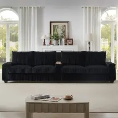 133" Corduroy Modern Sofa with USB Ports, Hidden Storage Arms & Cup Holders, 4-Seater Sofa Couch for Living Room - ModernLuxe