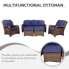FIONECA 5-Piece Rattan Patio Furniture Set &uml;C Gray Wicker Outdoor Sectional with Navy Blue Cushions, 3-Seat Sofa, 2 Chairs, 2 Ottomans