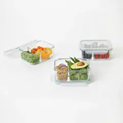 Glasslock Duo Clear Tempered Glass Microwave, Dishwasher, Freezer, Divided Food Storage Containers with Snap Lock BPA Free Plastic Lids