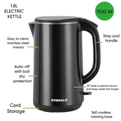Emerald 1.8L Black Electric Kettle, 1100W, Auto Shut-Off, Fast-Boil Design