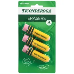 Ticonderoga&reg; Erasers, Pencil Shaped, Yellow, 3 Per Pack, 6 Packs