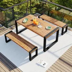 Whisen Outdoor Dining Table With 2 Benches, Patio Dining Set With Unique Top Texture, Acacia Wood Top & Steel Frame