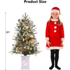 3FT Small Pre-Lit Artificial Christmas Tree with 78 LED Lights, Snow Flocked Xmas Tree with Red Berries, Pine Cones, Timer/Battery-Operated Base