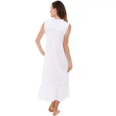 Women's Cotton Victorian Nightgown, Miriam Sleeveless Lace Trimmed Ruffled Long Vintage Night Dress Gown