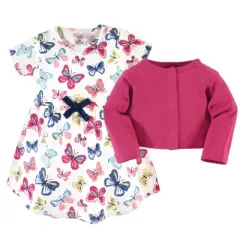 Touched by Nature Baby and Toddler Girl Organic Cotton Dress and Cardigan 2pc Set, Bright Butterflies