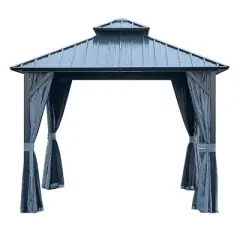 12x16 Ft Hardtop Gazebo with Double Roof, Aluminum Frame, Curtains & Netting, Drainage System, Wind-Resistant Design-Coolbibila