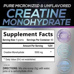 Creatine Powder 5000mg (5g) - Pure Micronized Creatine Monohydrate Supplement Unflavored, Keto Friendly - Creatine Nutritional Supports - 60 Servings