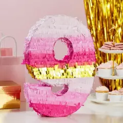 Blue Panda Small Pink and Gold Foil Number 9 Pinata for Kids 9th Birthday Party Decorations, 16.5 x 11 In