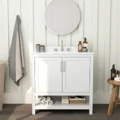 Merrick Lane Bathroom Vanity with Ceramic Sink, Carrara Marble Finish Countertop, Storage Cabinet with Soft Close Doors and Open Shelf