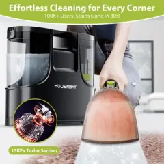 MUJERBAY 15Kpa Portable carpet cleaner machine, Easy Move with Handle, 1.5-inch Deep Cleaning Machine for Couch, Stairs, Car and Pet Messes. green