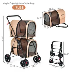 Costway 4-in-1 Double Pet Stroller w/ Detachable Carrier Travel Carriage for Cats
