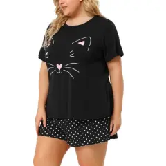 Agnes Orinda Women's Plus Size Comfort Cute Cat Print Short Sleeve Pajama Set