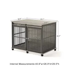 GustoWave 30 x 43'' Furniture Style Dog Crates with Sliding Iron Door, Decorative Pet House Dog Cage with Cushion for Medium Dogs, Grey