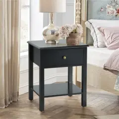Tangkula End Table Nightstand w/Drawer & Shelf Bedroom Living Room Furniture Black/Brown/White