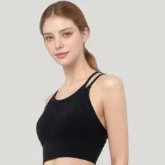 Anna-Kaci Active Women's Double Strap Crew Neck Ribbed Crop Top with Fitted Hem