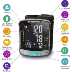 HealthSmart Digital Premium Wrist Blood Pressure Monitor with Cuff That Measures Pulse Heartbeat and High or Low BP, 120 Reading Memory Stores Up to