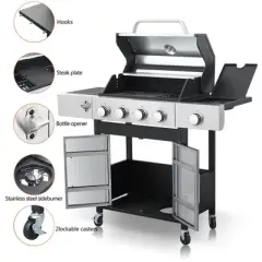 4-Burner Propane Gas BBQ Grill with Side Burner, Enamel Cast Iron Grids, Stainless Steel Warming Rack, Bottle Opener, Hooks, 46,790 BTU Outdoor BBQ