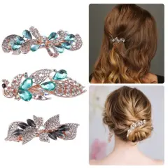 Unique Bargains 3 Pcs Hair Clips Hair Accessories for Women Hair Barrettes Sparkly Rhinestones Hairpin Green
