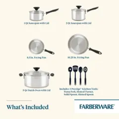 Farberware Reliance 12pc Stainless Steel Cookware Pot and Pan Set Silver: Dishwasher-Safe, Induction Compatible, Tempered Glass Lids