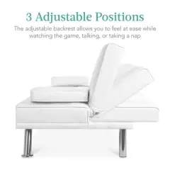 Best Choice Products Modern Faux Leather Convertible Futon Sofa w/ Removable Armrests, Metal Legs, 2 Cupholders - White