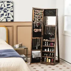 Tangkula Lockable Jewelry Cabinet Large Capacity Makeup Organizer with Full-Length Mirror Built-in Makeup Mirror 5 Storage Shelves