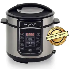 MegaChef 6 Quart Digital Pressure Cooker: Stainless Steel, Locking Lid, Dishwasher-Safe, 1000W, Silver