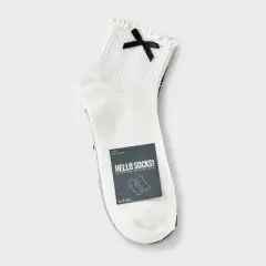 Women's Lettuce Edge Applique Bow & Polka Dots 4pk Ribbed Ankle Socks - Ivory/Heather Gray/Black 4-10