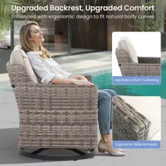 Buenhomino 3PC Patio Furniture Set - Swivel Rocker Chair Bistro Set with Rattan Side Table,Gray Wicker Blue Cushion