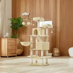 66.1 Inch Large Cat Tree Cat Tower with Scratching Posts, 2 Perches, 2 Caves, Basket, Hammock, Pompoms, Multi-Level Plush Cat Condo for Indoor Cats