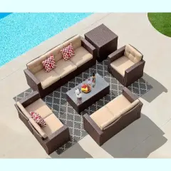 SUGOLD Super Patio 9 Piece Patio Furniture Set with Storage Box, Rattan Outdoor Conversation Set with Tempered Glass Coffee Table, Outdoor Sectional