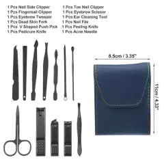 Unique Bargains Stainless Steel Pedicure Nail Clippers Scissors Tool Set for Men Women Black with Blue PU Leather 12 Pcs