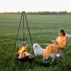 NAYSAYE Grill Racks Portable Campfire Tripod Grill with Adjustable Grate for Outdoor Cooking, Black, 18.11"*18.11"*59.45"