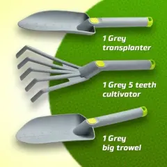 Machrus Ogrow High Quality 16" Piece Gardening Tool Set: Trowel, Transplanter and 5 Teeth Cultivator - Grey