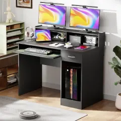 FDW Computer Desk Office Desk Multi-Functional Gaming Desk with Drawers Keyboard Tray, Black