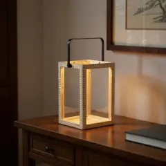 HomeRoots 16" Clear And Natural Glass And Solid Wood Tabletop Lantern Candle Holder