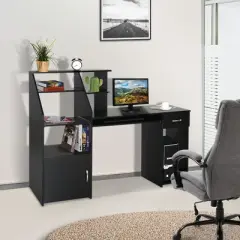 HOMCOM Computer Desk with Sliding Keyboard & Storage Shelves, Cabinet and Drawer, Home Office Gaming Table Workstation, Black Wood Grain