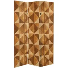 6" Double Sided Wood Inlay Pattern Canvas Room Divider Brown - Oriental Furniture